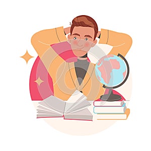 Young Man Character Learning Sitting at Desk with Book and Globe Studying Vector Illustration