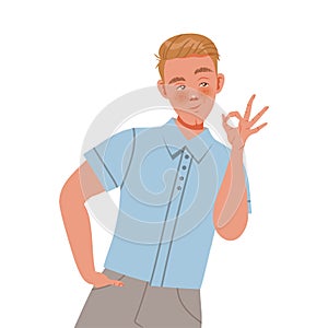 Young Man Character Posing for Selfie Smiling for the Camera and Showing Ok Gesture Vector Illustration