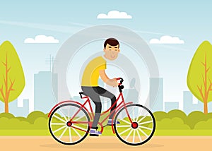 Young Man Character Riding Bicycle Spinning the Pedals in the Park Doing Sport and Physical Exercise Vector Illustration