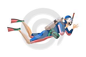 Young Man Character Scuba Diving or Snorkeling Underwater with Flippers and Goggles Showing Ok Gesture Vector