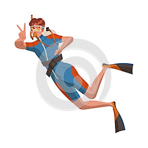 Young Man Character Scuba Diving or Snorkeling Underwater with Flippers and Goggles Showing V Sign Vector Illustration