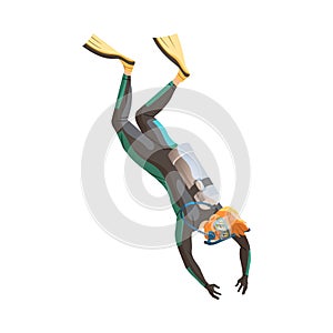 Young Man Character Scuba Diving or Snorkeling Underwater with Flippers and Goggles Vector Illustration