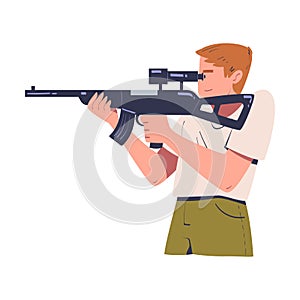 Young Man Character Shooting with Gun or Rifle Vector Illustration