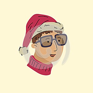 A young man in a Christmas hat smiles. A man celebrating Christmas. Bright illustration in a flat style. New Year's