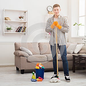 Young man from cleaning service at home
