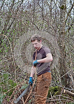 Young Man Clearing Bush with Machete