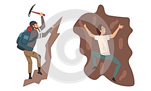 Young Man Climbing Up the Slope Mountain and Wall Vector Set