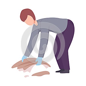 Young Man Collecting Trash on the Beach, Male Volunteer Picking Garbage Outdoors Vector Illustration
