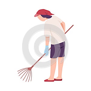 Young Man Collecting Trash on the Beach with Rakes, Male Volunteer Picking Garbage Outdoors Vector Illustration