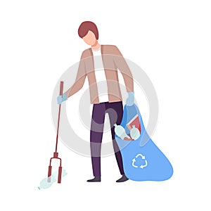 Young Man Collecting Trash into Plastic Bag with Eco Friendly Tool, Male Volunteer Picking Garbage Outdoors Vector