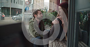 Young man comforting sad woman. photo