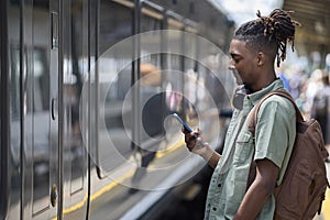 Young Man Commuting To Work On Train Standing On Platform Looking At Mobile Phone As Train Arrives photo