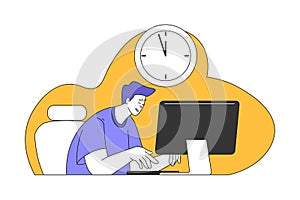 Young Man at Computer Multitasking Accomplishing Task Having Deadline Vector Illustration photo