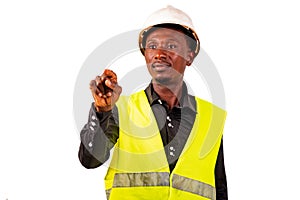 Young man construction engineer using invisible screen