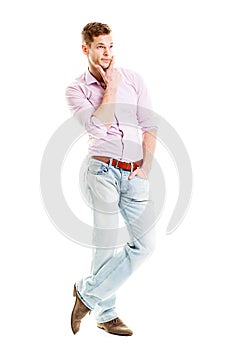 Young man contemplating - full-length portrait isolated on white