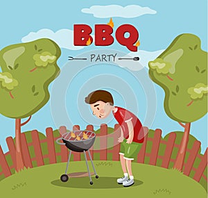 Young man cooking barbecue on the backyard, BBQ party cartoon vector Illustration with flaming grill