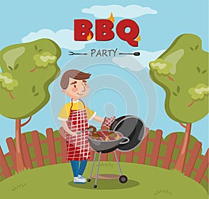 Young man cooking barbecue on the backyard, BBQ party vector Illustration with flaming grill,