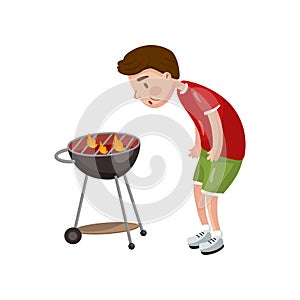 Young man cooking bbq for his friends cartoon vector Illustration