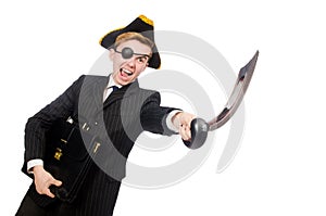 Young man in costume with pirate hat isolated on