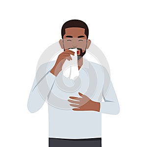 Young man coughing Bronchitis, common cold or virus, influenza fever or seasonal disease infection