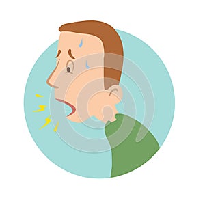 Young man coughing, shortness of breath, sickness icon. Vector flat illustration, isolated on white.