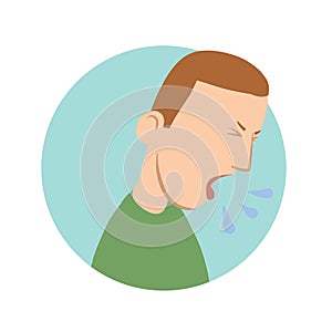 Young man coughing, sickness icon. Vector flat illustration, isolated on white.