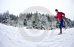 Young man cross-country skiing