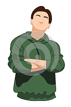 Young man with crossed arms on chest in green hoodie vector illustration