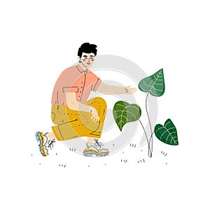 Young Man Cultivating Plant, Guy Working in Garden or Farm Vector Illustration