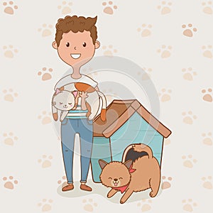 Young man with cute dog and cat mascots