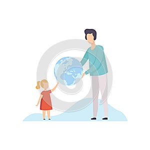 Young Man and Cute Girl Holding Big Terrestrial Globe, Father Giving Earth Globe to His Daughter Vector Illustration