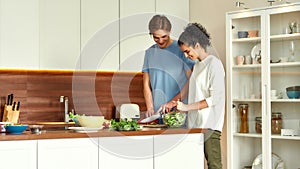 Young man cutting vegetables while woman tossing a salad. Vegetarians preparing healthy meal in the kitchen together