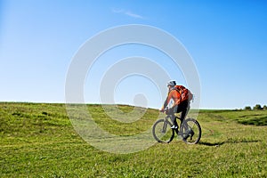 Young man cycling on a rural road through green meadow