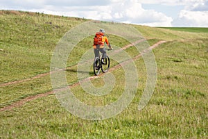 Young man cycling on a rural road through green meadow