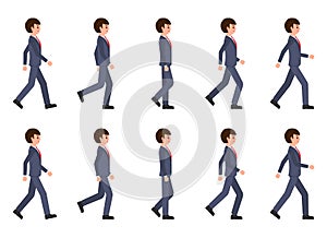 Young man in dark blue suit walking sequence. Vector illustration of moving cartoon character person.