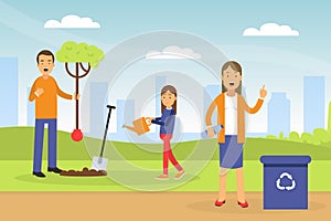 Young Man with Daughter Planting Tree and Woman Gathering Plastic for Recycling Contributing into Environment