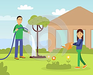 Young Man with Daughter Watering Plants in the Yard Contributing into Environment Preservation Vector Illustration