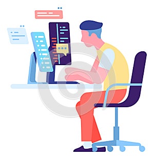 Young man developing software. Engineer coding at computer