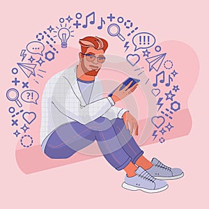 Young man with device learning, working and communicating. Vector illustration.