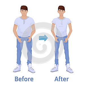 Young man before and after diet and fitness. Weight loss. Fat and thin man, body transformation. Vector illustration
