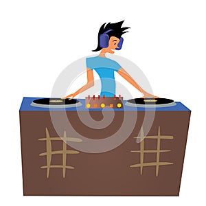 Young Man DJ Playing Music Behind the Decks. Vector Illustration, Isolated on White.