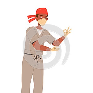 Young Man Doctor in Mask Showing Ok Hand Gesture as Medical Staff Working in Clinic Vector Illustration