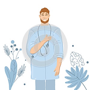 Young man doctor with phonendoscope and modern florals smiling happy. Medical health care service workers concept design