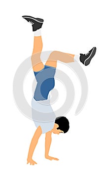 Young man doing cartwheel exercise. Sportsman acrobat in handstand position vector illustration. Standing on hand pose. Hand stand