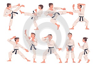 Young Man Doing Karate Wearing Kimono and Black Belt Engaged in Martial Art Vector Set