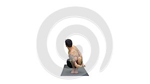 Young man doing squat with twist and bend yoga on white backgrou