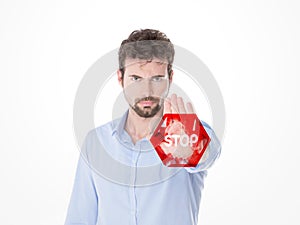 Young man doing stop gesture with his hand