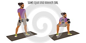 Young man doing sumo squat and hammer curl