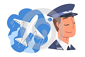 Young Man Dreaming about of Airplane Flights, Human Thoughts and Needs Cartoon Style Vector Illustration on White