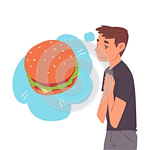 Young Man Dreaming about Burger, Human Thoughts and Needs Cartoon Style Vector Illustration on White Background